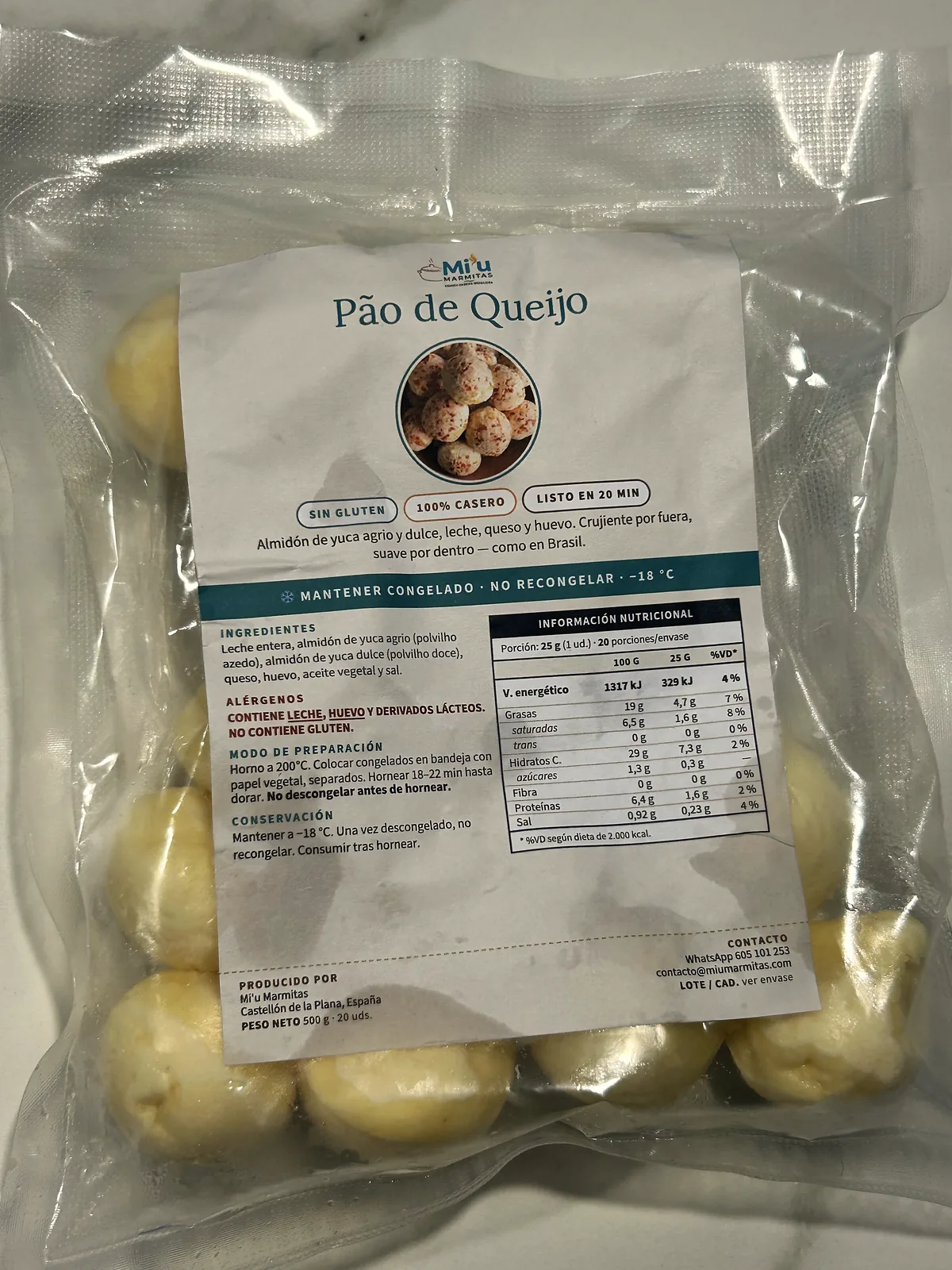 Pão de Queijo congelado dentro de su bolsa al vacío